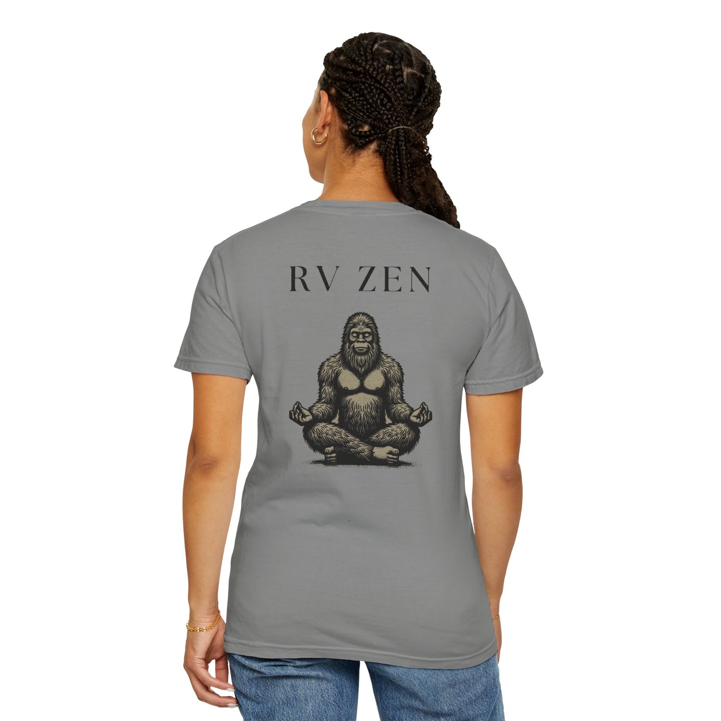 Sasquatch Zen RV Life, on back of Unisex T-Shirt