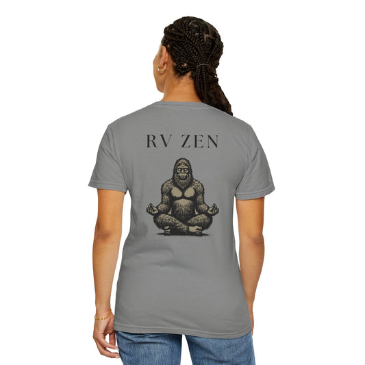 Sasquatch Zen RV Life, on back of Unisex T-Shirt