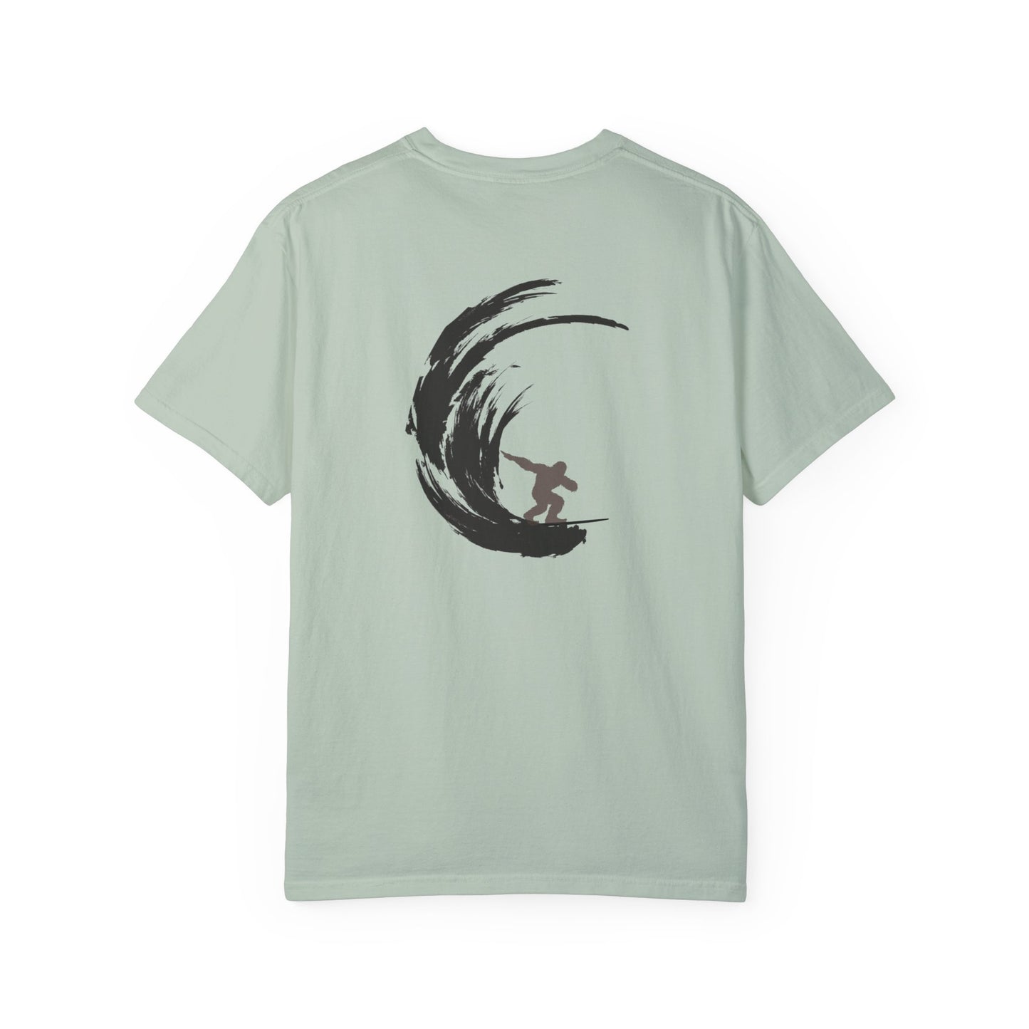 Sasquatch Surfing The Waves, back logo Unisex Tee