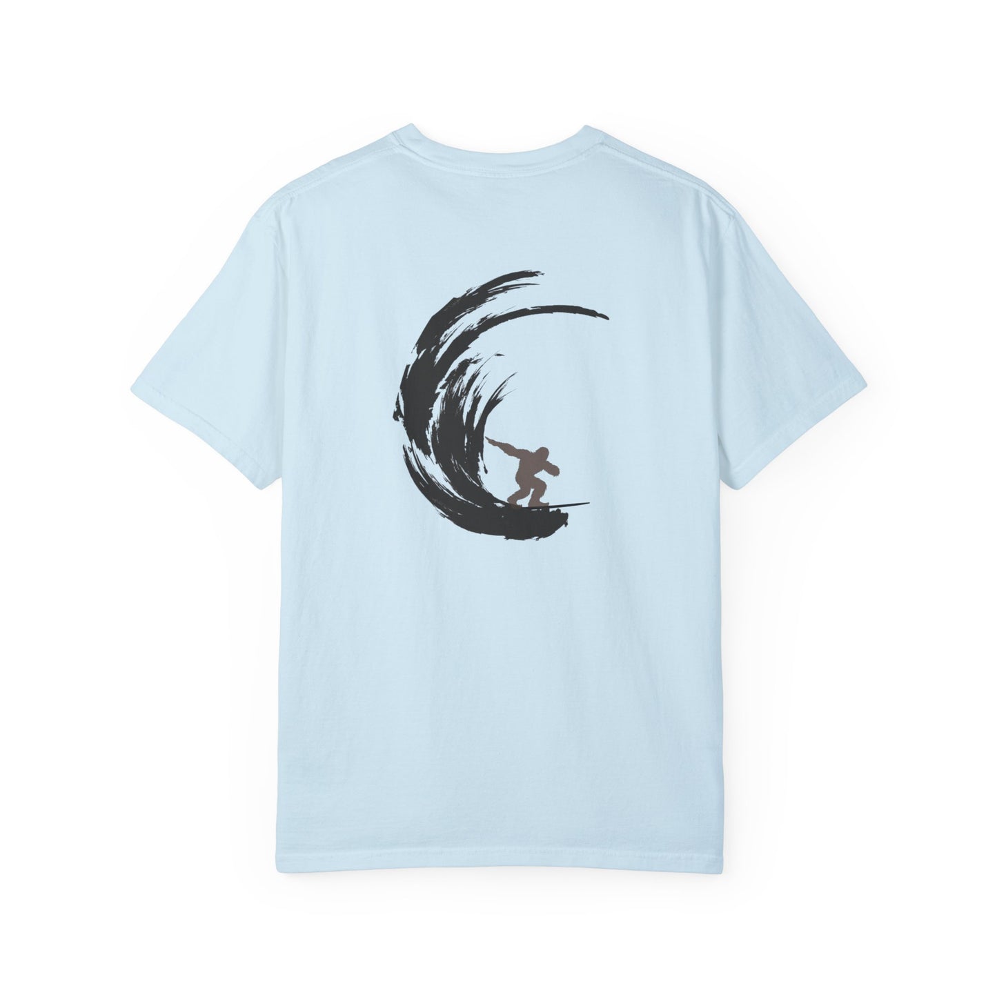 Sasquatch Surfing The Waves, back logo Unisex Tee