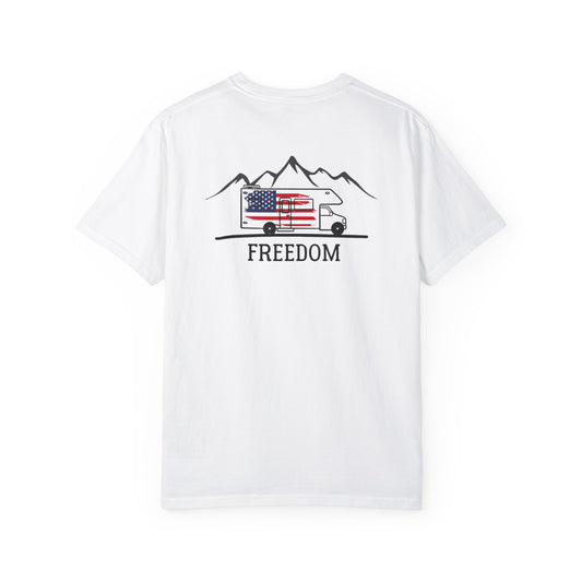 RV with American Flag on Back of Unisex Garment-Dyed T-shirt