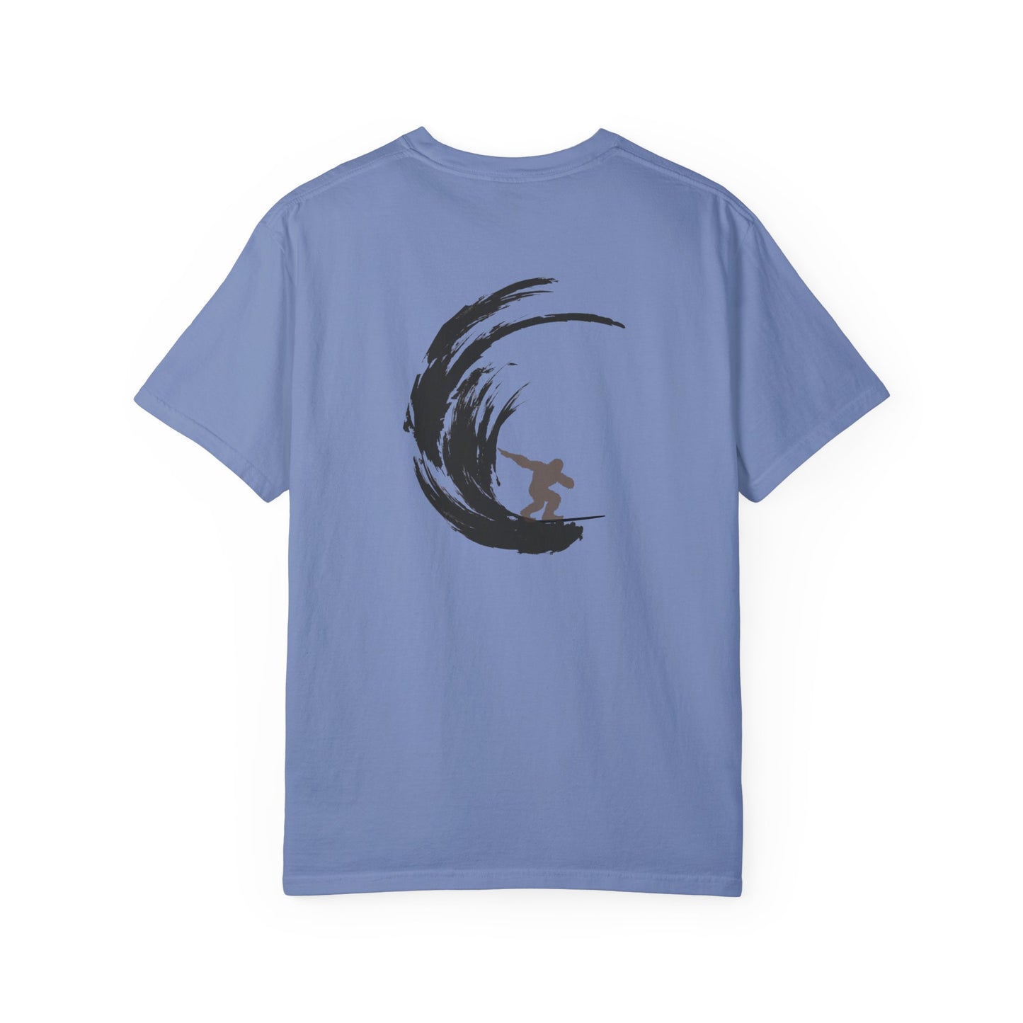 Sasquatch Surfing The Waves, back logo Unisex Tee