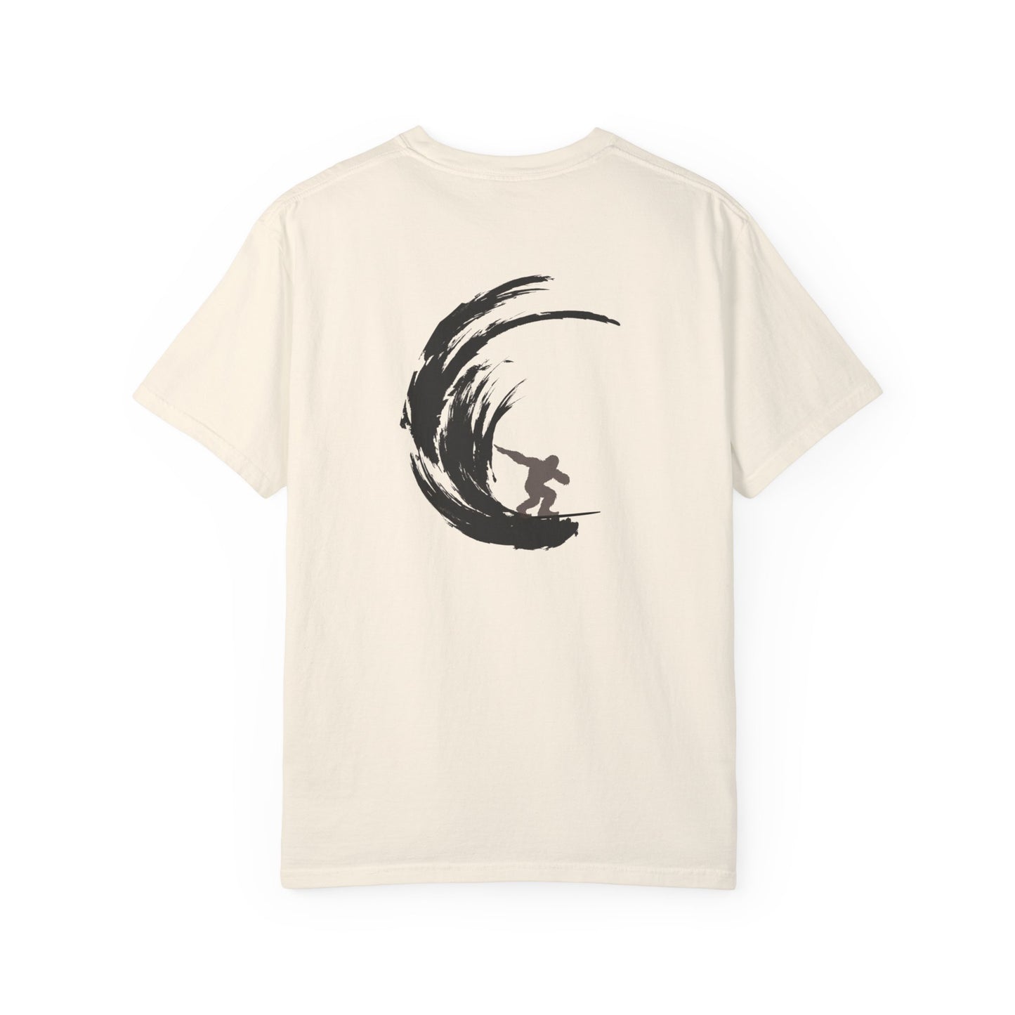 Sasquatch Surfing The Waves, back logo Unisex Tee
