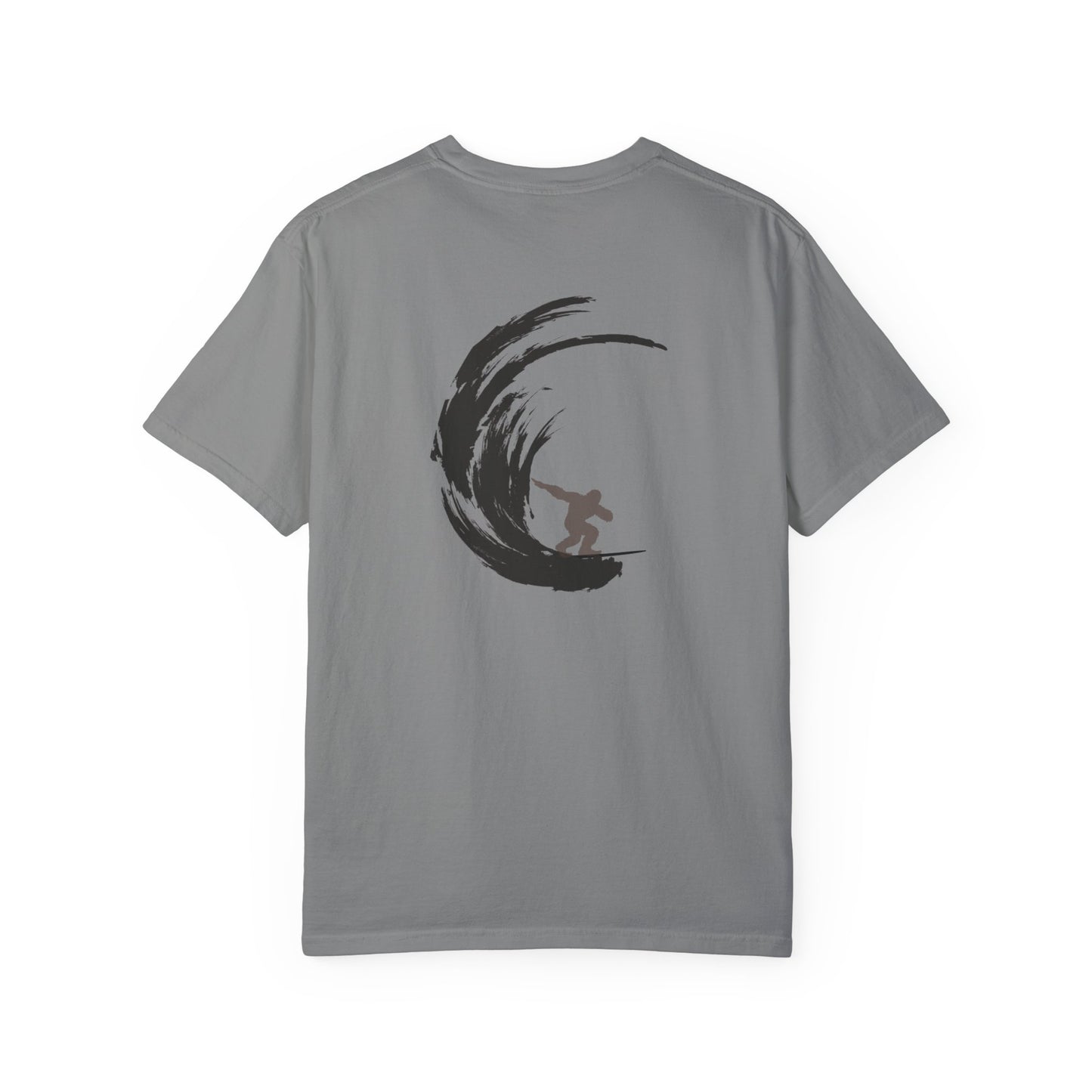 Sasquatch Surfing The Waves, back logo Unisex Tee