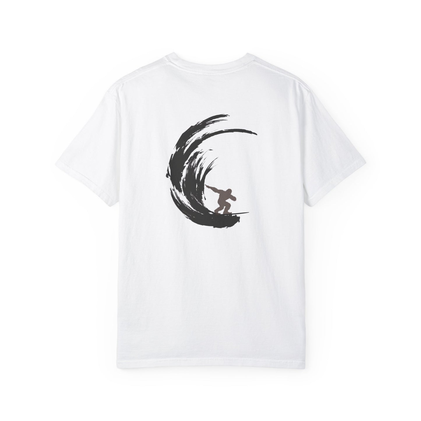 Sasquatch Surfing The Waves, back logo Unisex Tee