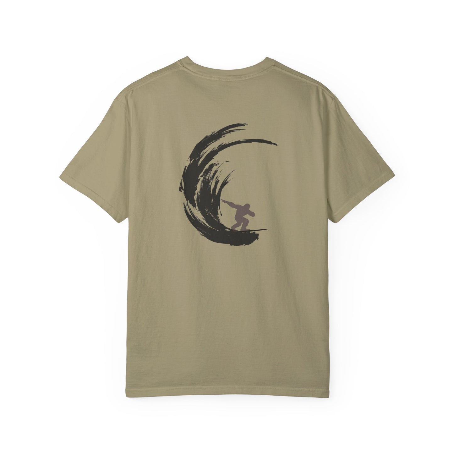 Sasquatch Surfing The Waves, back logo Unisex Tee