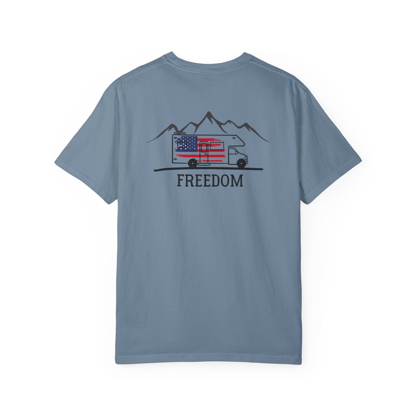 RV with American Flag on Back of Unisex Garment-Dyed T-shirt