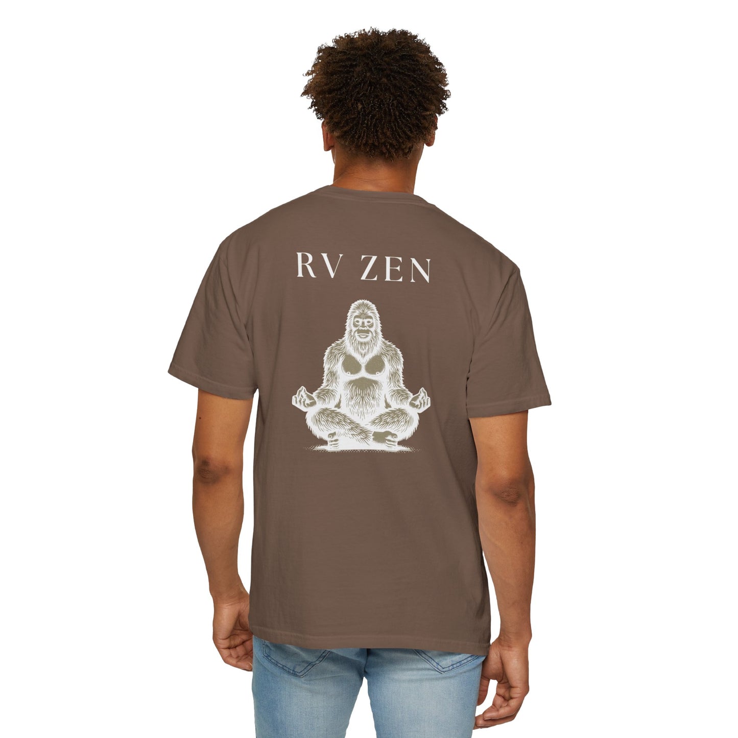 Sasquatch Zen RV Life, on back of Unisex T-Shirt