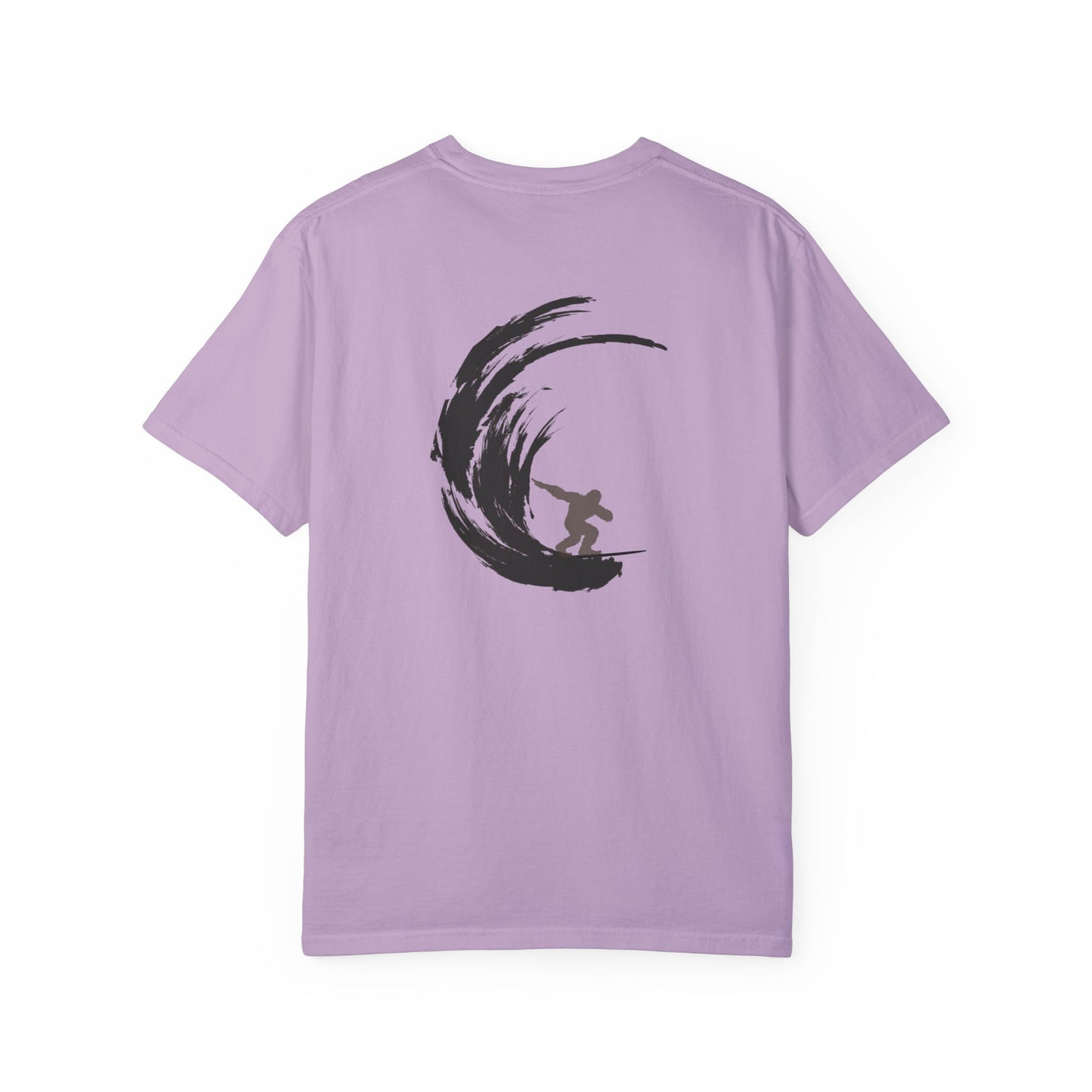 Sasquatch Surfing The Waves, back logo Unisex Tee