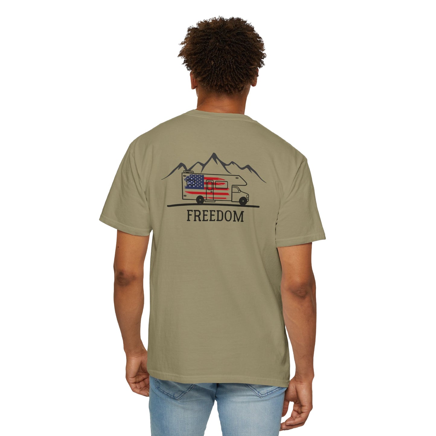 RV with American Flag on Back of Unisex Garment-Dyed T-shirt