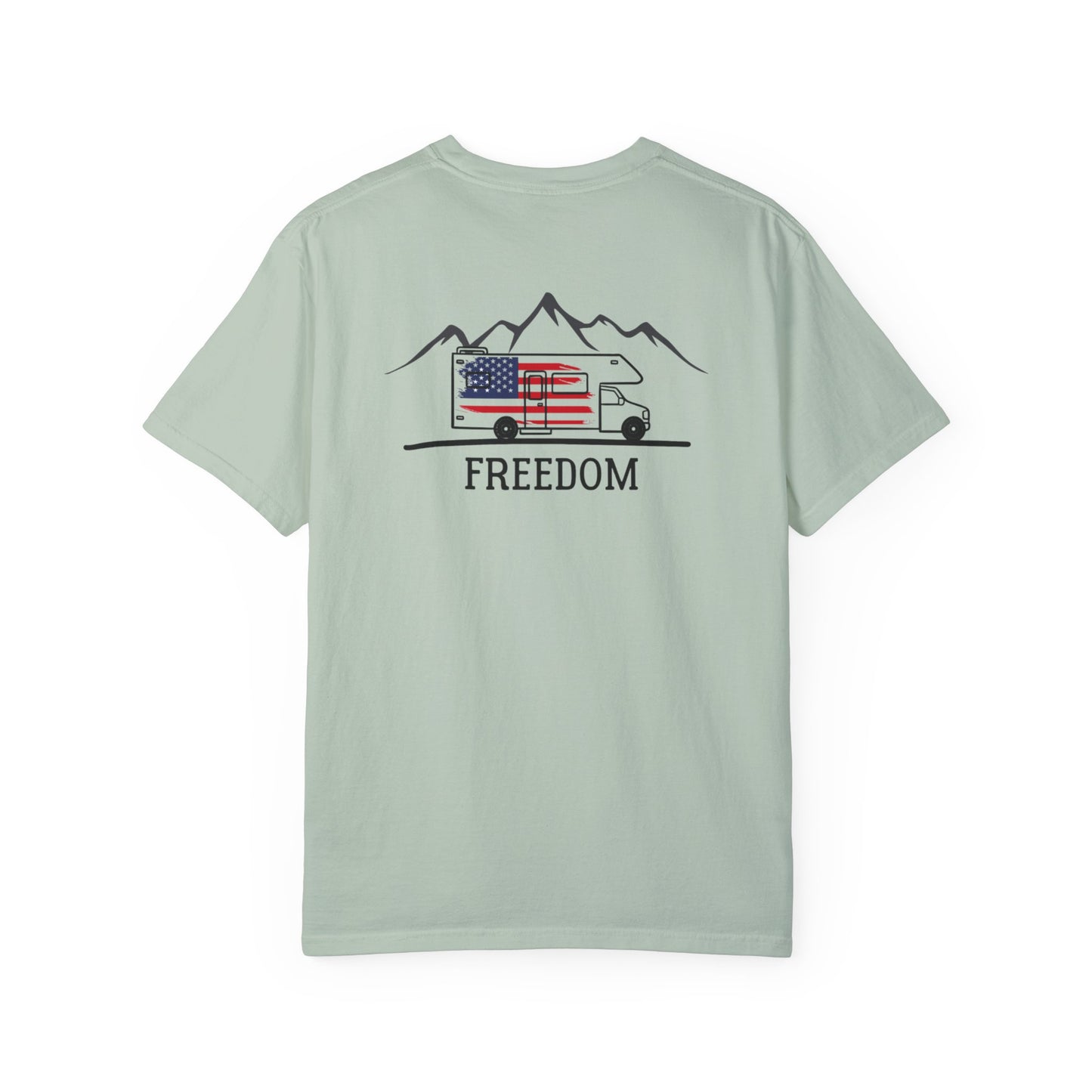 RV with American Flag on Back of Unisex Garment-Dyed T-shirt