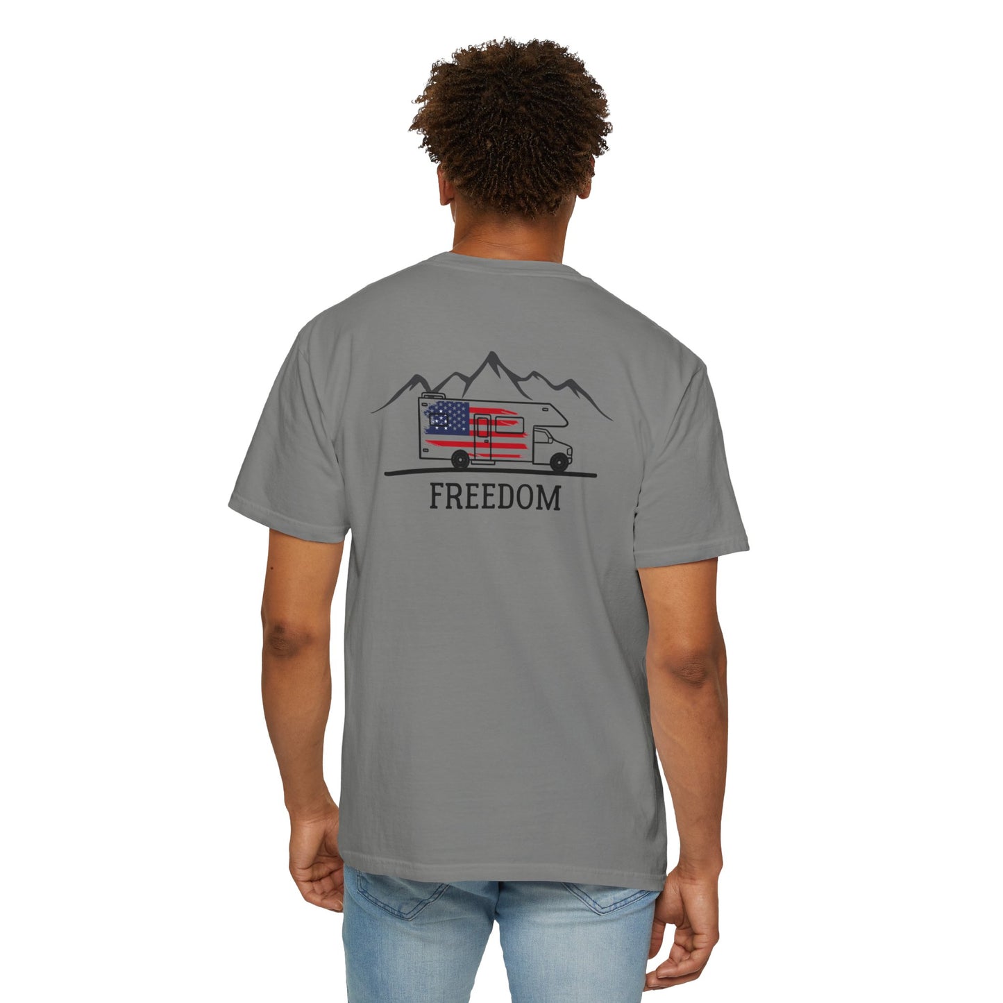 RV with American Flag on Back of Unisex Garment-Dyed T-shirt