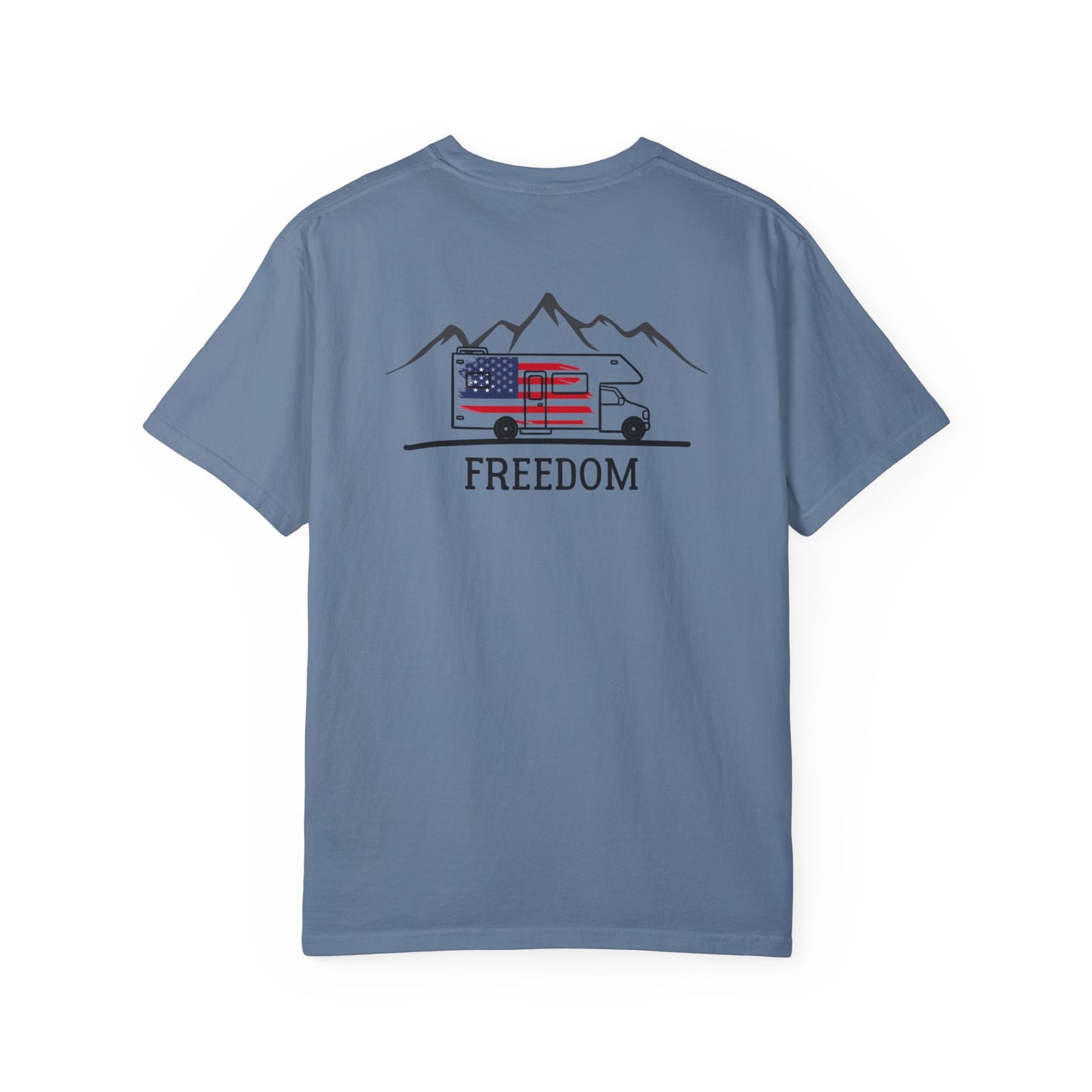RV with American Flag on Back of Unisex Garment-Dyed T-shirt