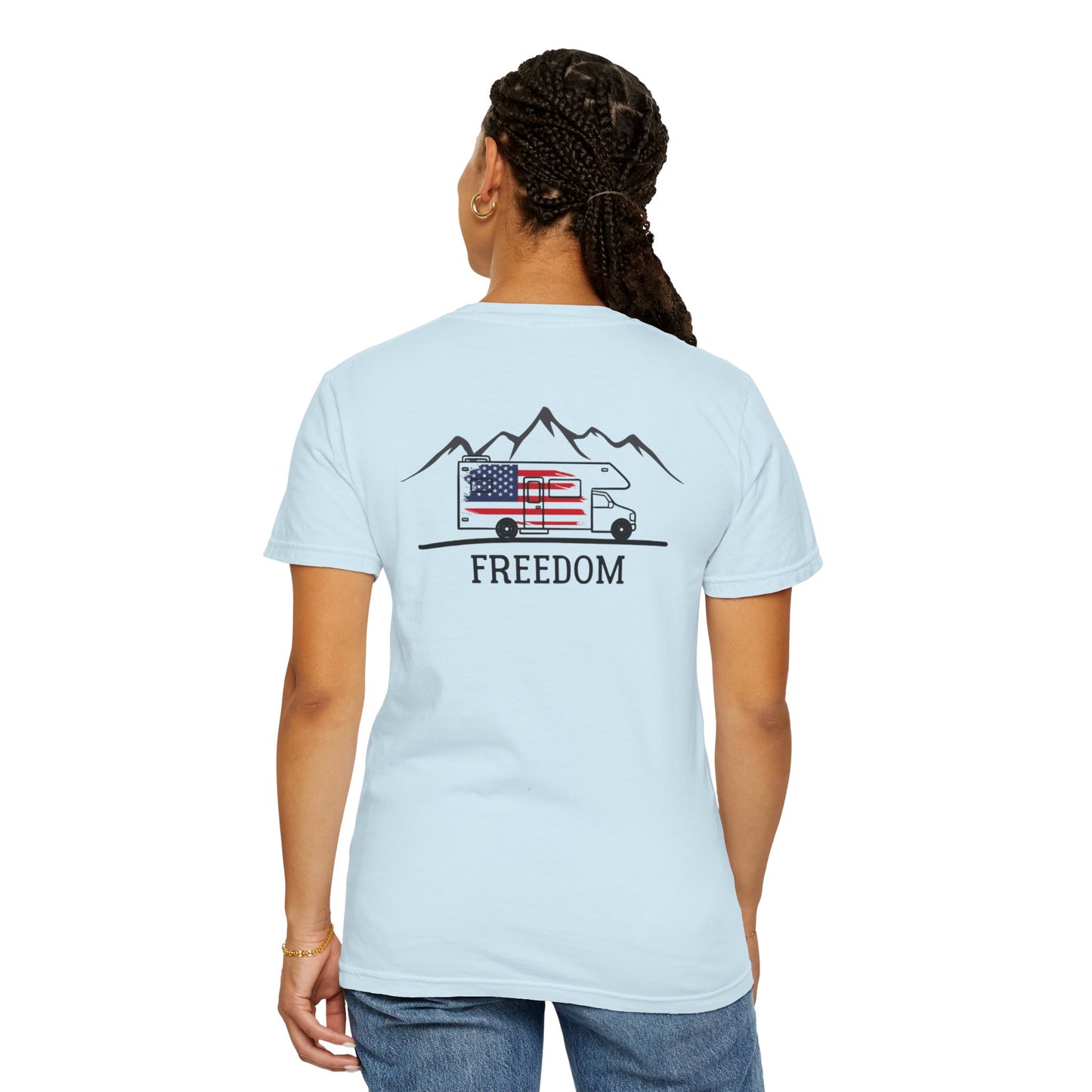 RV with American Flag on Back of Unisex Garment-Dyed T-shirt