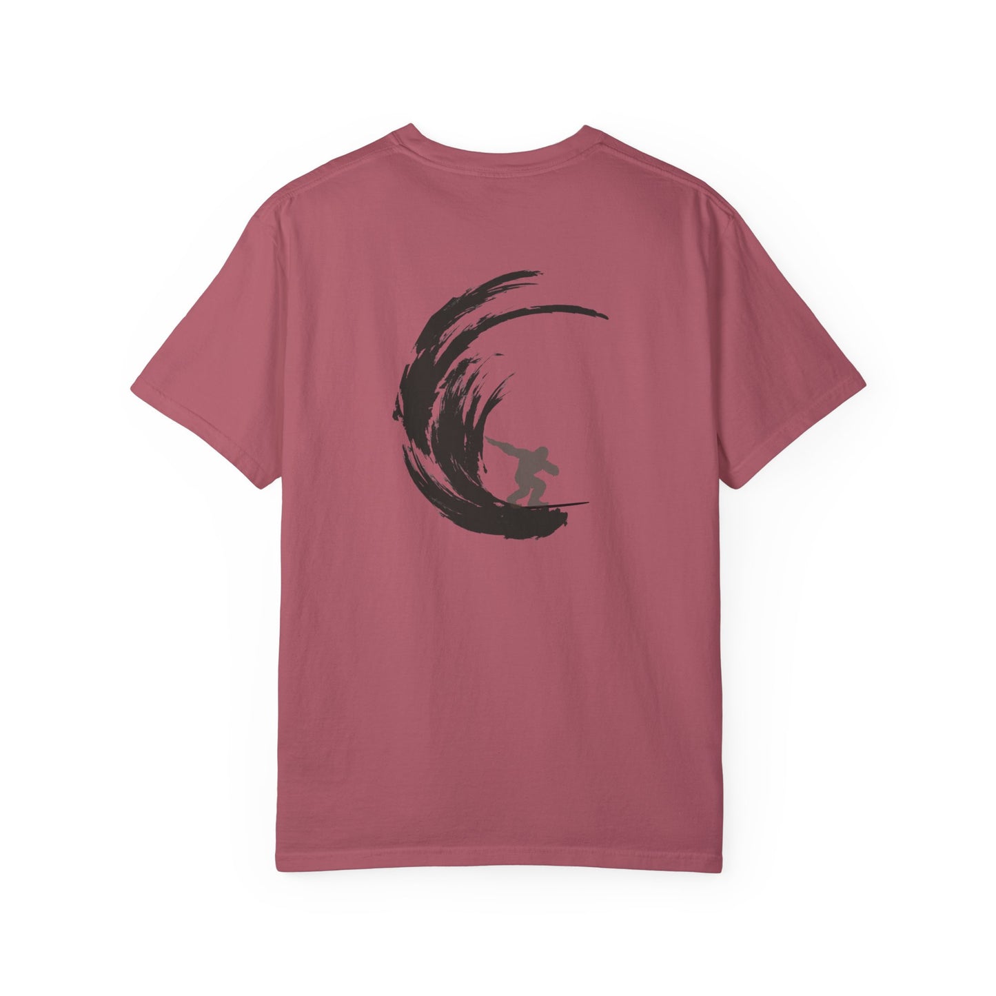 Sasquatch Surfing The Waves, back logo Unisex Tee