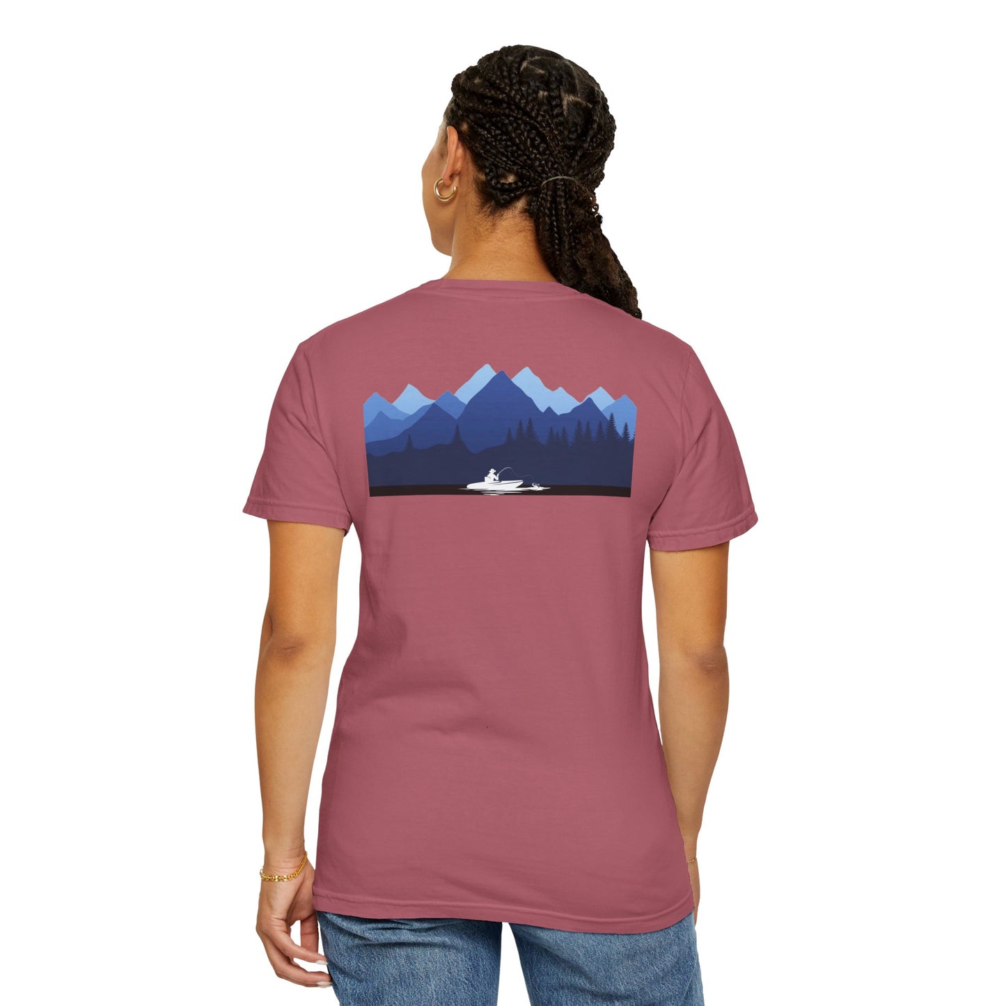 Mountain Lakes Fishing, on back of Unisex T-shirt