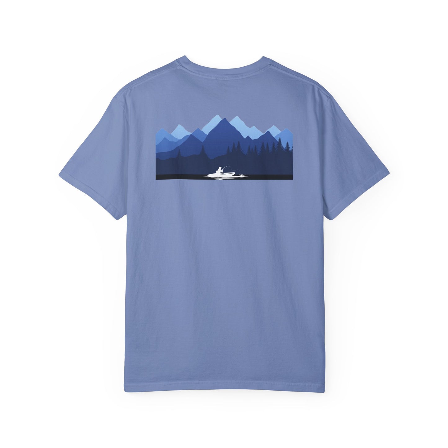 Mountain Lakes Fishing, on back of Unisex T-shirt