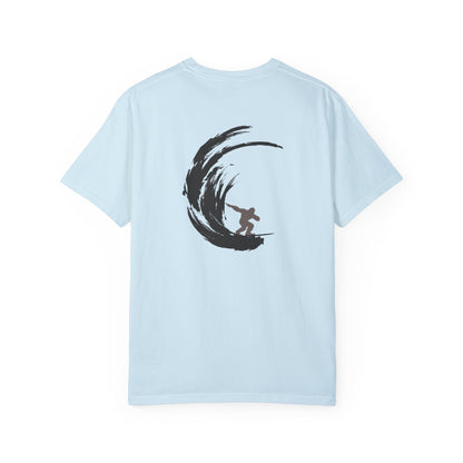 Sasquatch Surfing The Waves, back logo Unisex Tee