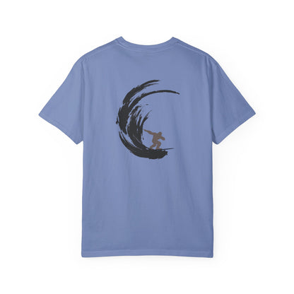 Sasquatch Surfing The Waves, back logo Unisex Tee