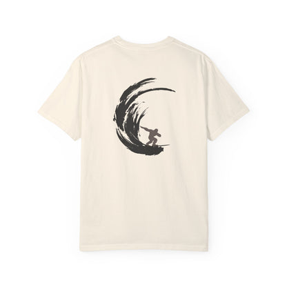 Sasquatch Surfing The Waves, back logo Unisex Tee