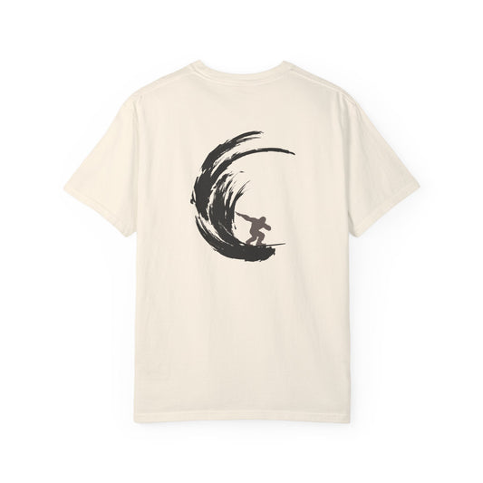 Sasquatch Surfing The Waves, back logo Unisex Tee