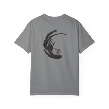 Sasquatch Surfing The Waves, back logo Unisex Tee