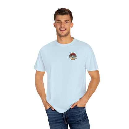 RV with American Flag on Back of Unisex Garment-Dyed T-shirt