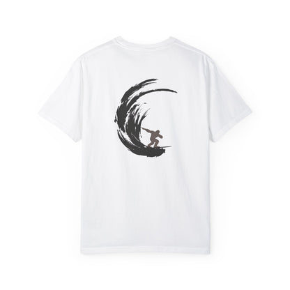 Sasquatch Surfing The Waves, back logo Unisex Tee