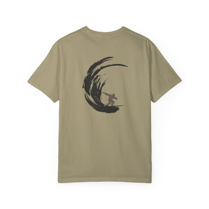 Sasquatch Surfing The Waves, back logo Unisex Tee