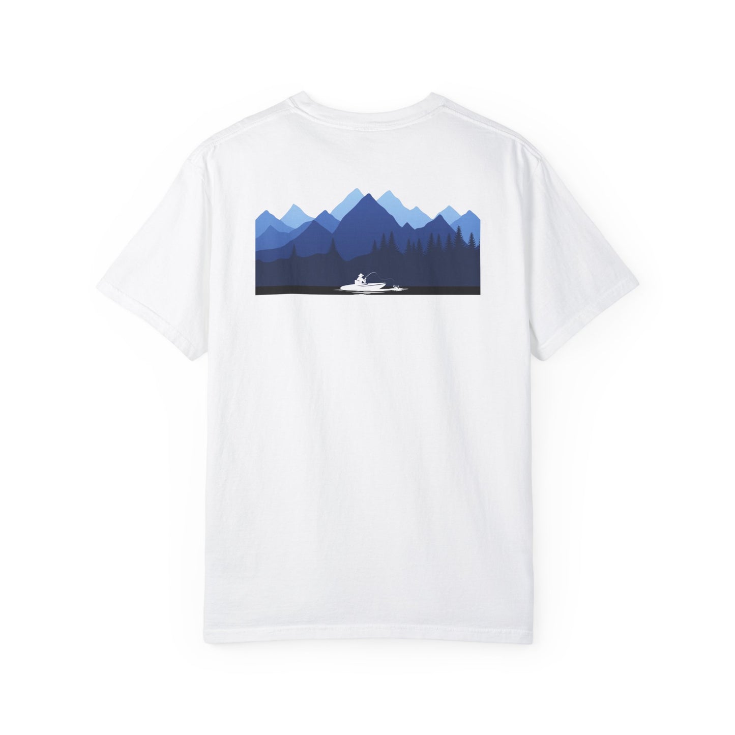 Mountain Lakes Fishing, on back of Unisex T-shirt