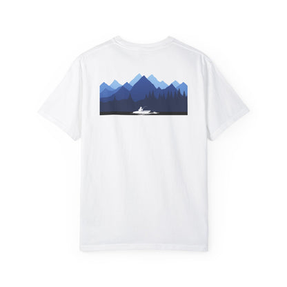 Mountain Lakes Fishing, on back of Unisex T-shirt