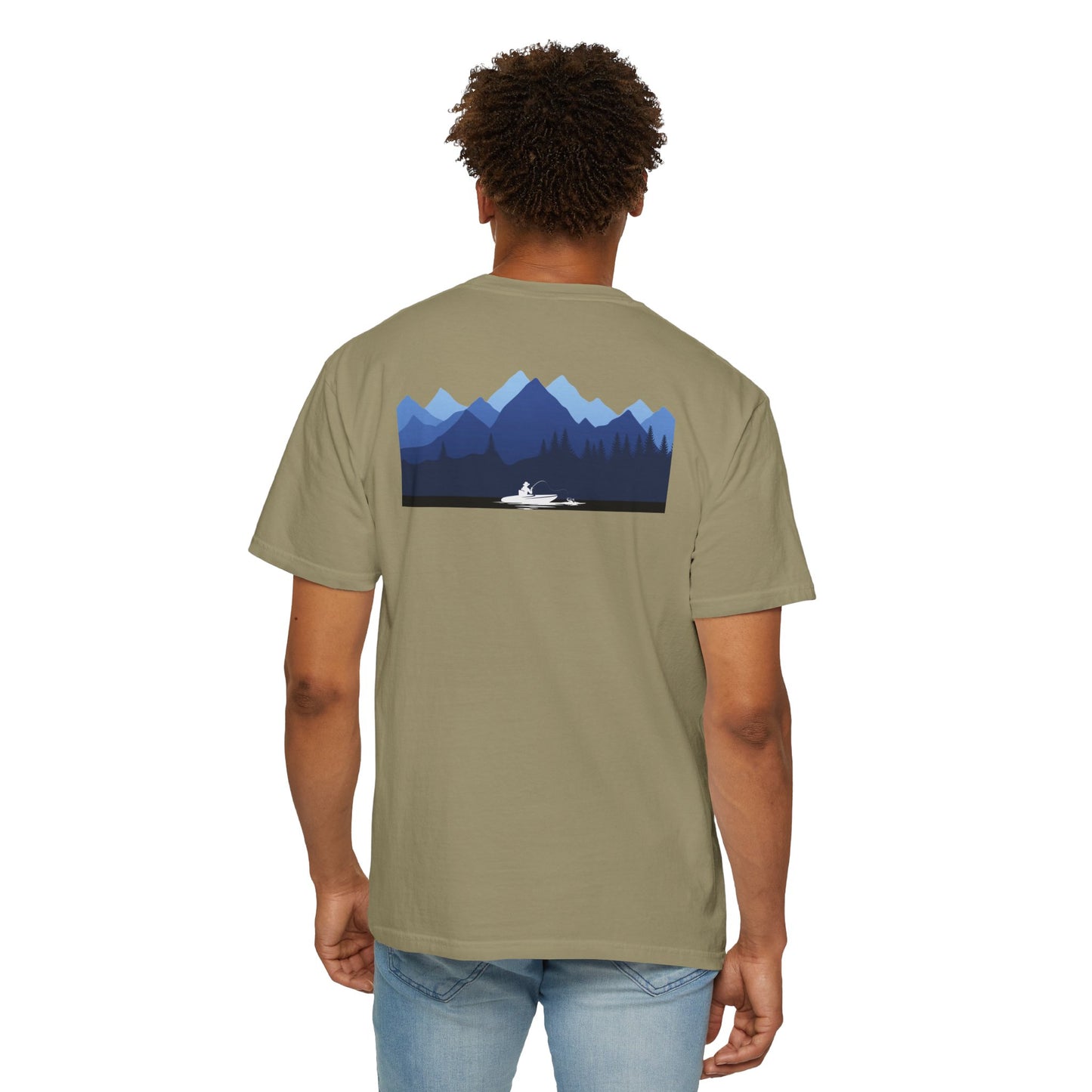 Mountain Lakes Fishing, on back of Unisex T-shirt