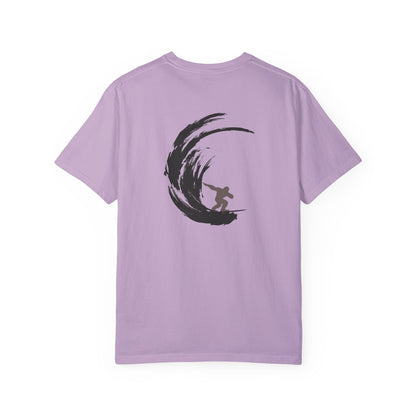 Sasquatch Surfing The Waves, back logo Unisex Tee