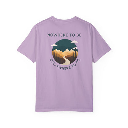 Nowhere to be, everywhere to go Unisex Tee, back logo.