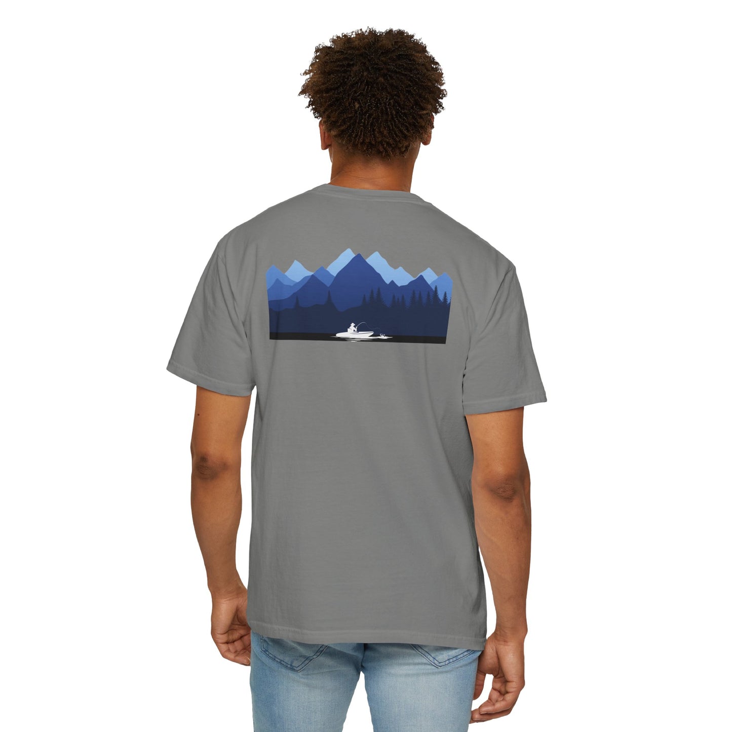 Mountain Lakes Fishing, on back of Unisex T-shirt