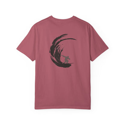 Sasquatch Surfing The Waves, back logo Unisex Tee
