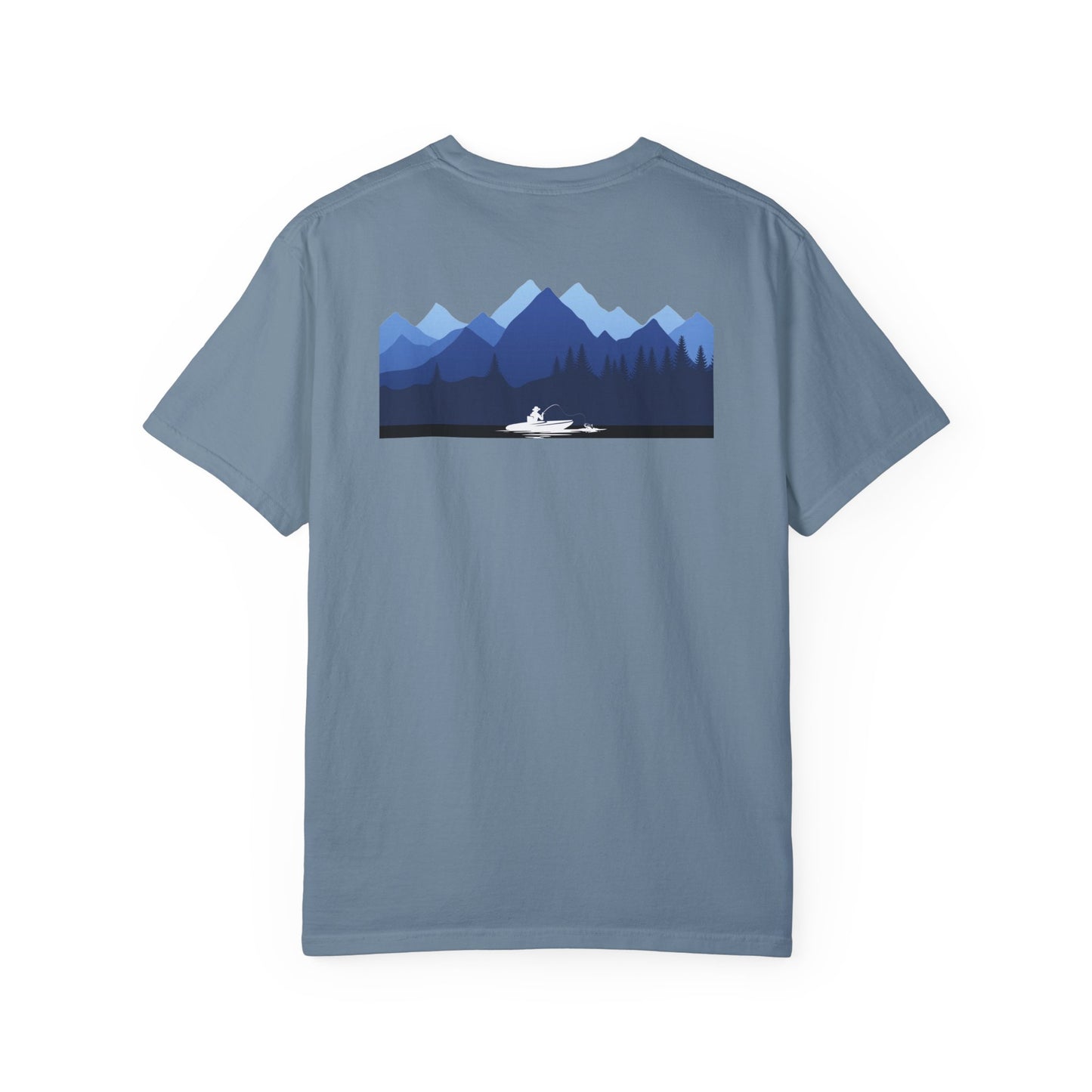 Mountain Lakes Fishing, on back of Unisex T-shirt