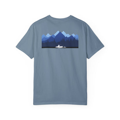 Mountain Lakes Fishing, on back of Unisex T-shirt